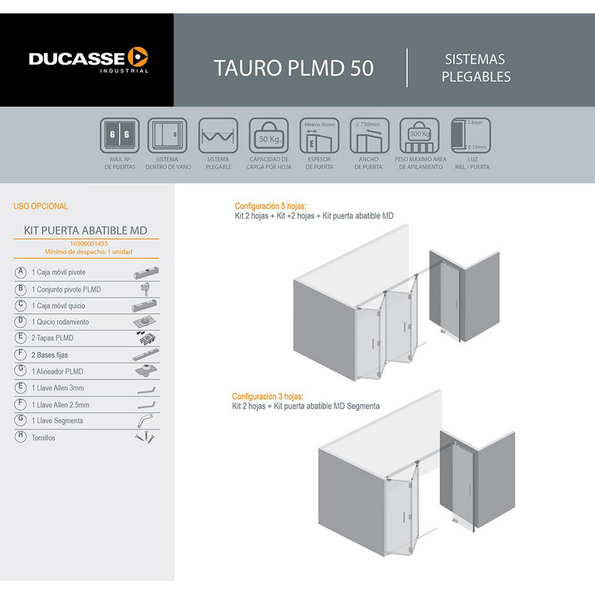 Corredera TAURO PLMD-50 DUCASSE Kit puerta abatible (3210832) - Imagen 2