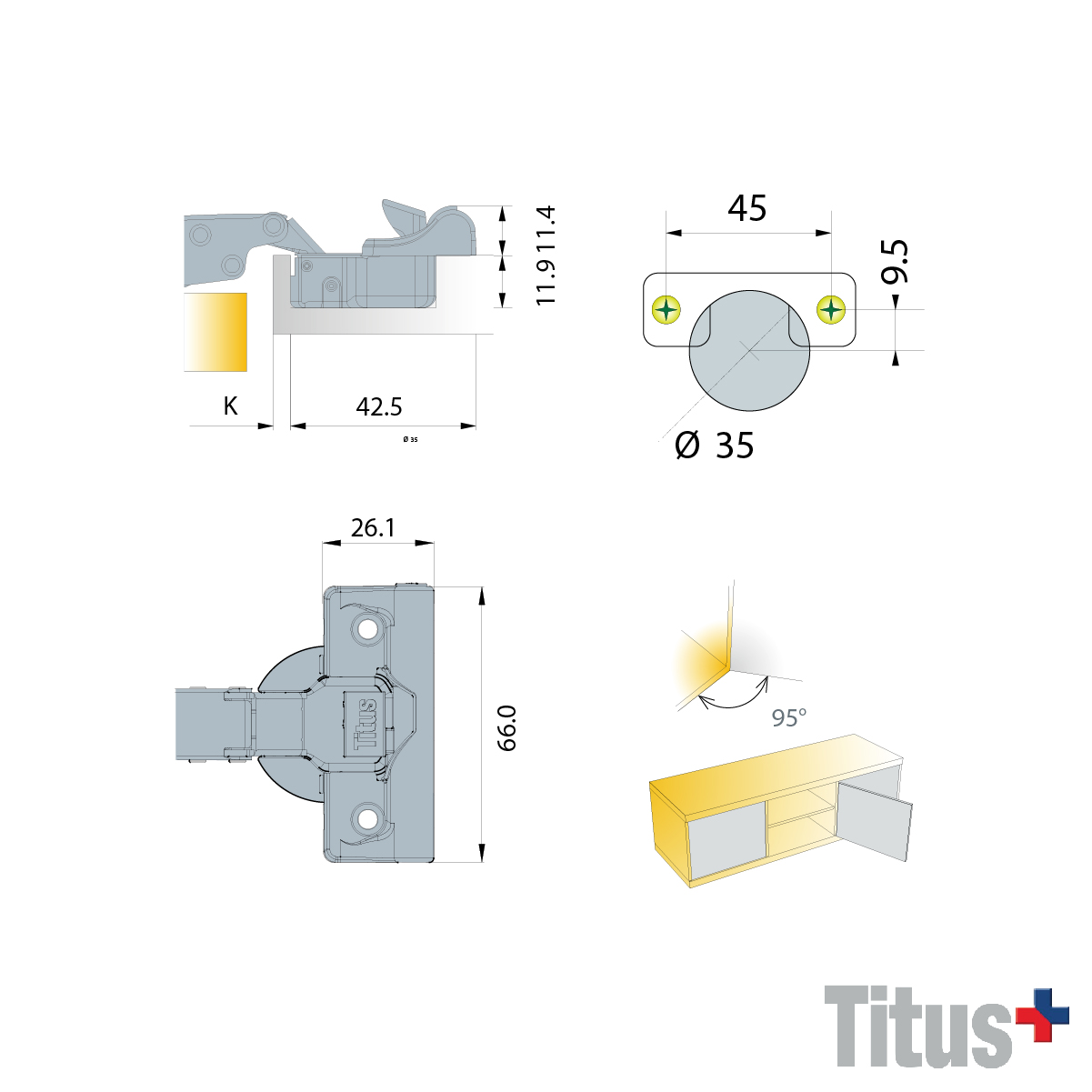 TITUS Bisagra tipo "T" PISTON y Clip CURVA 35mm (8001950) - Imagen 2