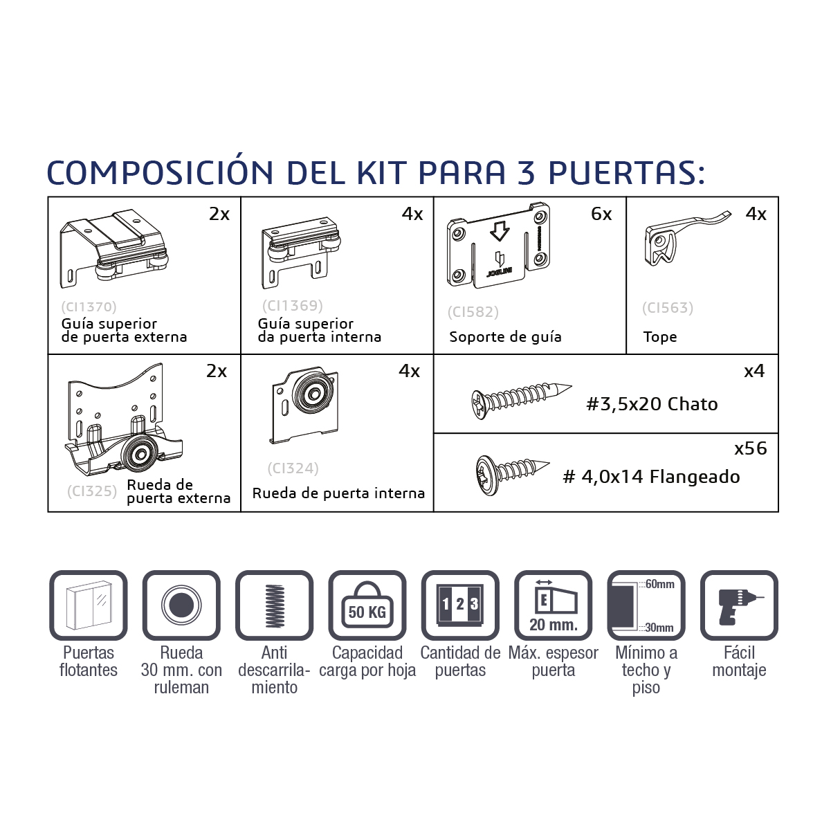 Corredera Joelini AZURE 3 hojas (2 interior+1 exterior) (J100130) - Imagen 3