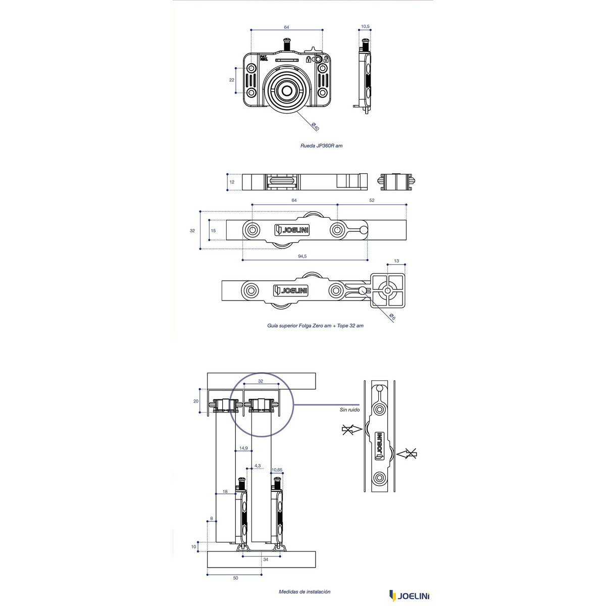 Corredera Joelini JP360 GFZ 32mm c/Tope+Antirebote (J100001) - Imagen 2