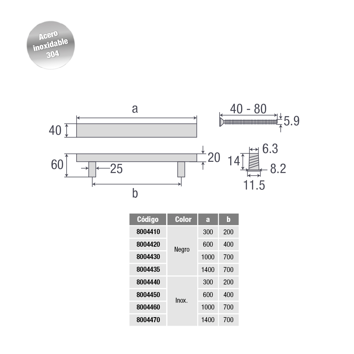 Manijon inox SIMPLE CUADRADO H 1000x40 (700mm) (8004460) - Imagen 2